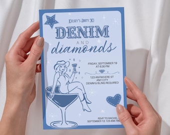 Diamonds and Denim Birthday Invitation Template | Western Glam Birthday Invite| Boots and Bling | Editable Canva Template
