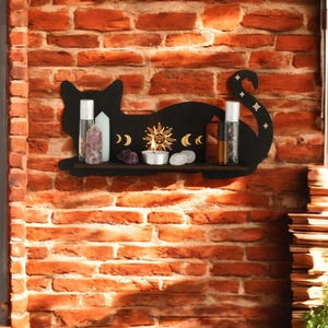 Estante de pared de gato negro con fases lunares – Expositor de cristal – Decoración gótica de brujas – Estante de madera con estética para dormitorio y hogar