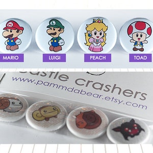 Nintendo Paper Mario Video Game 1&quot; Pinback Buttons or Magnets Set of 4, Mario, Luigi, Princess Peach, Toad