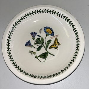 Puede incluir: Un tazón de cerámica blanco con un borde verde y un diseño floral con flores azules y amarillas, hojas verdes, una libélula y una mariposa. El texto "CONVOLVULUS Trailing Bindweed" está impreso en el tazón.