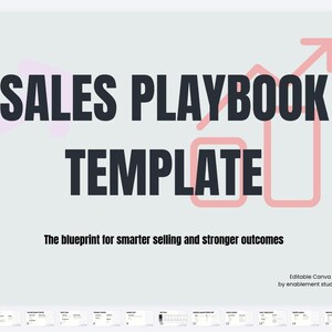 May include: A light gray graphic with the words "SALES PLAYBOOK TEMPLATE" in dark gray. Pink graphic elements include an arrow and bar chart. The text "The blueprint for smarter selling and stronger outcomes" is below.