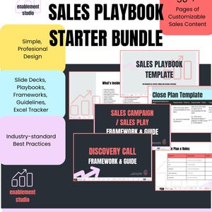 May include: A sales playbook starter bundle with the text "SALES PLAYBOOK STARTER BUNDLE" and "50+ Pages of Customizable Sales Content". The bundle includes templates, frameworks, and guides for sales campaigns and discovery calls. The design is professional.