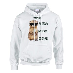 Può includere: Una felpa con cappuccio bianca che presenta la grafica di una lontra marrone con occhiali da sole neri. Il testo stampato sul davanti recita: VA TE FAIRE LOUTRE... MERCI. Il capo include una tasca a marsupio, maniche lunghe e un cappuccio.
