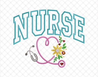 Floral Nurse Applique Embroidery Files, Nurse Stethoscope Embroidery Designs | 5 Sizes Included