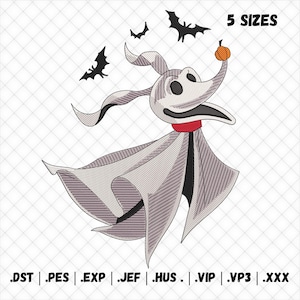May include: An embroidery design featuring a ghost dog with a long snout, large ears, and a red collar, balancing a small orange pumpkin on its nose. Three black bats fly above the ghost dog. The text 5 SIZES and file formats are visible.