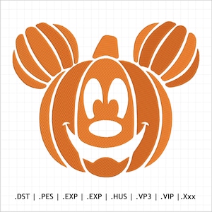 Puede incluir: Diseño de calabaza naranja con orejas y cara de Mickey Mouse. La calabaza tiene una cara sonriente y un tallo. El diseño está sobre un fondo de cuadrícula blanca. Extensiones de formato de archivo en la parte inferior.