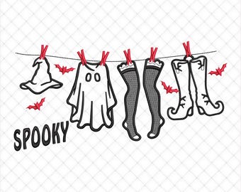 Spooky Witchy Costumes Hanging on Drying Rope Halloween Embroidery | 5 Sizes Included