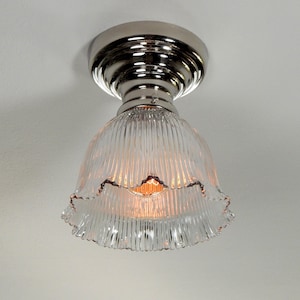 Restored Antique Semi-Flush Mount Solid Brass Ceiling Light Fixture with Glass Holophane Shade