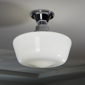 Semi-Flush Schoolhouse Ceiling. Salvaged Opal Shade New Chrome Fixture Base
