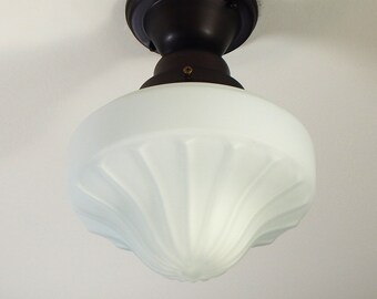 Semi-Flush Ceiling Light Fixture. Salvaged Satin Opal Shade with New UL Listed Provincial Bronze Shade Holder