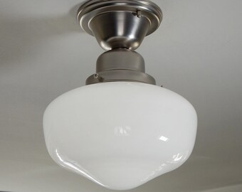 Semi-flush Schoolhouse Ceiling Light. Vintage Opal Glass Shade New Fixture Base.