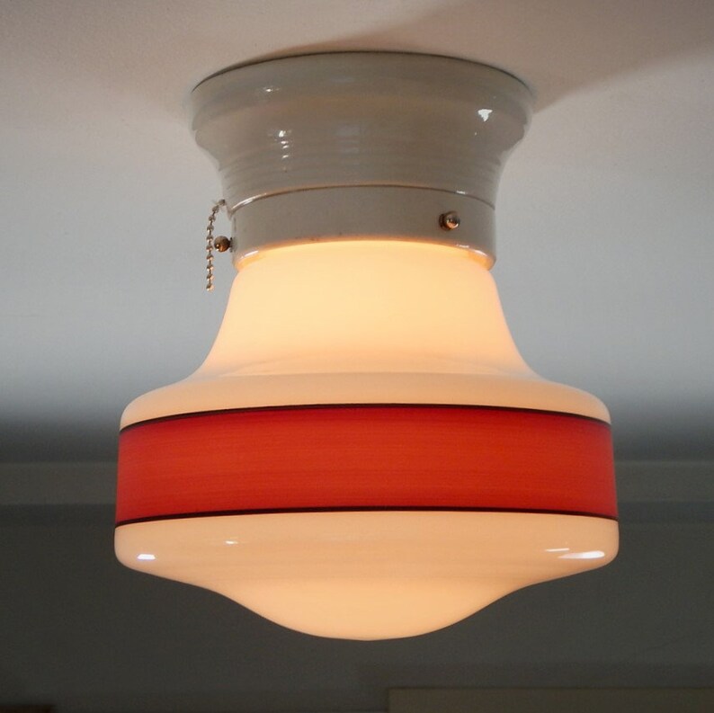 Flush Mount Porcelain Pull Chain Ceiling Light With Painted Red And Black Bands
