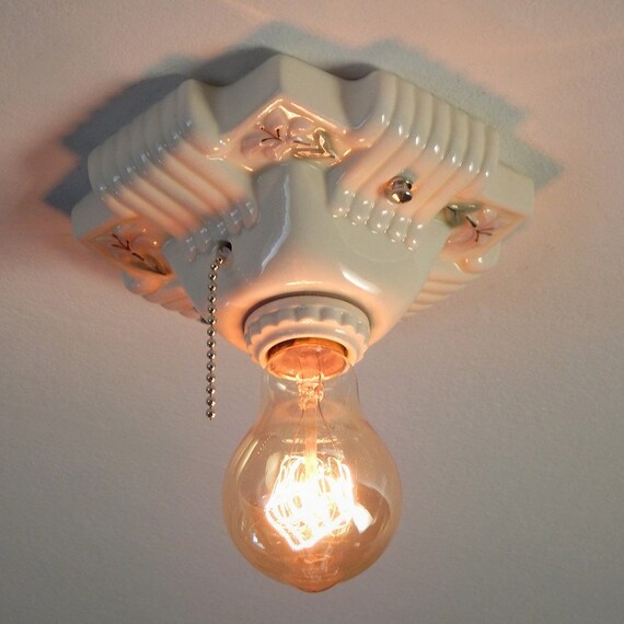 Restored Porcelain Flush Mount Ceiling Light With Pull Chain