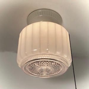 Vintage Porcelain Pull Chain Ceiling Light | Enameled Glass Shade