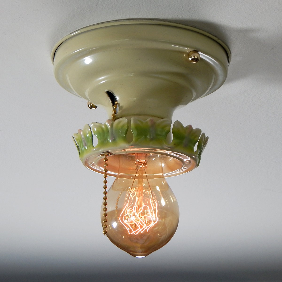 Antique Painted Flush Mount Ceiling Pull Chain Equipped Light Fixture