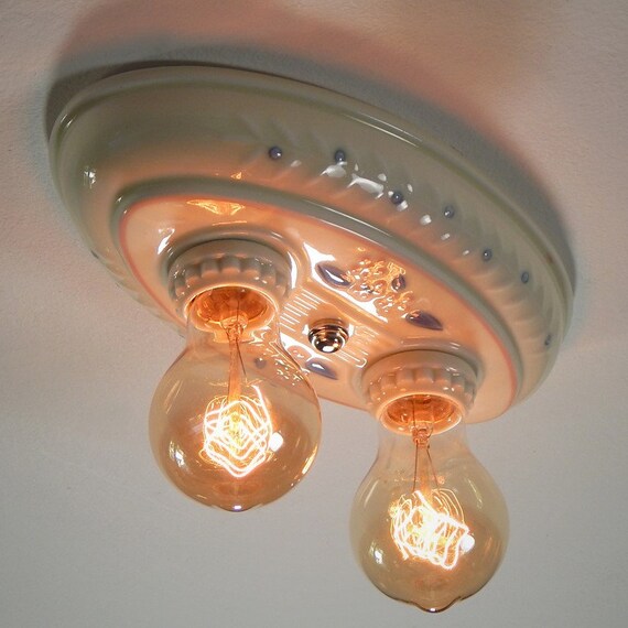 Vintage Restored Porcelain Flush Mount Ceiling Light Fixture
