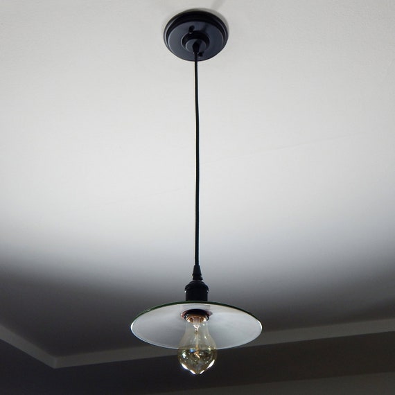 Cloth Cord Pendant Ceiling Light. Vintage French Enameled Shade