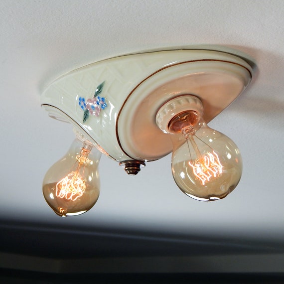 Restored Vintage Porcelain Flush Mount Ceiling Light Fixture