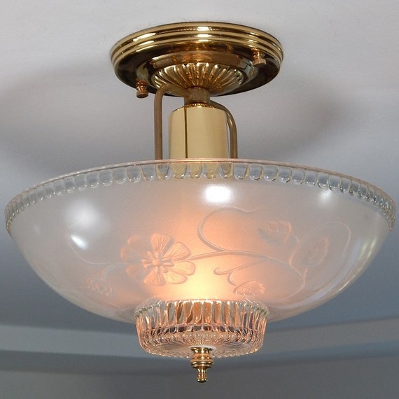 Semi Flush Drop Down Ceiling Light Vintage Glass Shade New Etsy