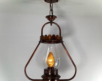 Vintage Mid-Century Copper Lantern Pendant Light Colonial Revival