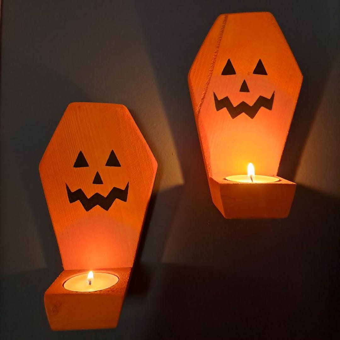 Jack O Lantern Coffin Candle Holder Set: Reclaimed Wood Halloween Decor ...