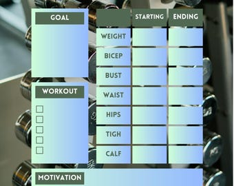 May include: A fitness planner with a green and blue color scheme. The planner has sections for goal, workout, and motivation. It also has columns for starting and ending measurements for weight, bicep, bust, waist, hips, thigh, and calf.