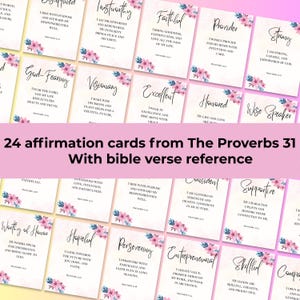 May include: A collection of 24 affirmation cards from The Proverbs 31, each featuring a positive word like "Faithful" or "Visionary." The cards have floral accents and bible verse references. The text "24 affirmation cards from The Proverbs 31 With bible verse reference" is displayed.