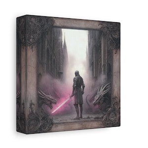 Gothic Knight with Glowing Pink Sword | Art Print Featuring Dragons and Medieval Architecture, Castlecore Wall Art, Mystical Fantasy Decor