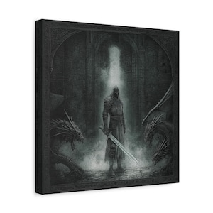 Gothic Dragon Slayer Canvas Art | Medieval Knight in Castle, Fantasy Dark Knight Marginalia Artwork, Mystical Gothic Fantasy Decor for Home