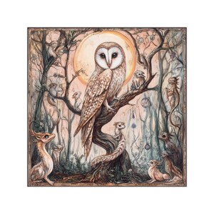 Celestial Owl Sticker | Mystical Owl and Forest Creatures, Whimsical Nature Sticker for Laptops, Water Bottles, Journals, Magical Animal Art