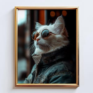 May include: A white cat wearing round sunglasses and a blue denim jacket. The cat is looking up and to the right. The background is blurred and out of focus.