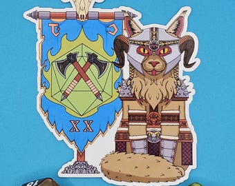 May include: A sticker featuring a cat warrior wearing a horned helmet and armor, with a banner displaying crossed axes and a skull. The sticker is surrounded by various dice on a blue background. The banner has the Roman numerals XX.