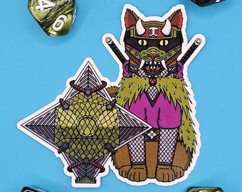 May include: A sticker featuring a ninja cat with swords, a purple shirt, and a green mask. The sticker is surrounded by four dice, two green and two black, with white numbers. A geometric design is also present.
