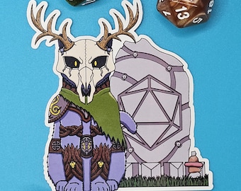 May include: A sticker featuring a purple creature with a skull mask and antlers, wearing armor and a green scarf, next to a stone monument. Several dice in green and brown are scattered around the sticker on a blue background.