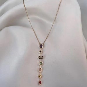 Multicolor Y Necklace| Lariat Necklace | Colorful Necklace Zircon Long Necklace | Stainless Steel | Gold Plated