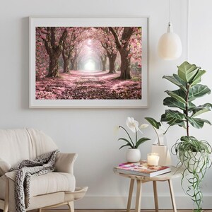 Op de afbeelding: Een ingelijste foto van een pad dat is omzoomd met roze kersenbloesem bomen. De bomen staan ​​in volle bloei en de bloemblaadjes vallen op de grond en creëren een zacht roze tapijt. Het pad leidt naar een helder, wit licht in de verte.