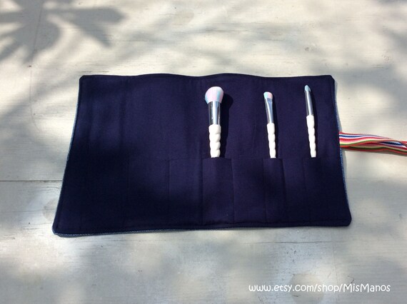 Roll up Cosmetic Bag Upcycled Denim Makeup brush roll, Travel brush holder, Travel brush roll, Travel makeup holder, Cosmetic brush roll, Il_570xn