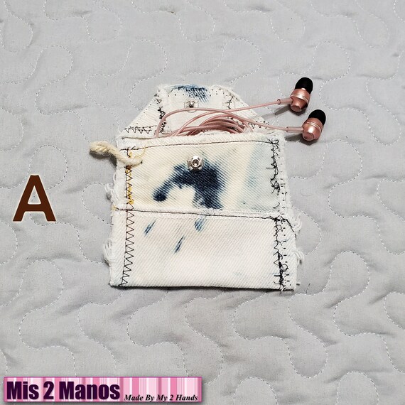 Upcycled Denim Earbud Holder All One-of-a-Kind Distressed Jean Gift / Acid Wash Denim Money Pocket, Coin Holder Il_570xn