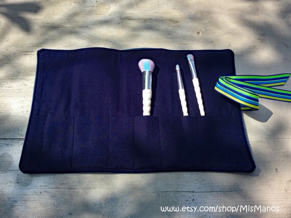 Roll up Cosmetic Bag Upcycled Denim Makeup brush roll, Travel brush holder, Travel brush roll, Travel makeup holder, Cosmetic brush roll, Il_570xn