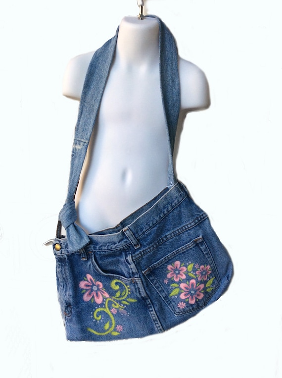 Denim Blue Jean Purse Denim Tote Bag Upcycled Medium Tote Bag Jean Floral Handpainted Purse Il_570xn