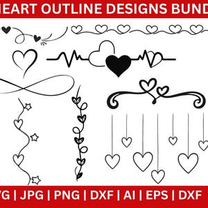 May include: A bundle of eight heart outline designs in black, including various styles such as connected hearts, a heartbeat line, and hanging hearts. The text "8 HEART OUTLINE DESIGNS BUNDLE" is at the top.