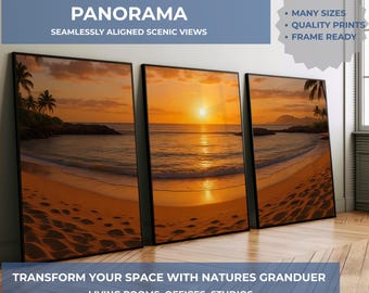Hawaiian Sunset Triptych: Tropical Beach Panoramic Wall Art Prints