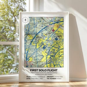 Może przedstawiać: Oprawiony wydruk lotniczej mapy sekcyjnej lotniska miejskiego w Morristown w stanie New Jersey. Mapa przedstawia żółte i niebieskie strefy lotnicze, dane nawigacyjne oraz tekst: FIRST SOLO FLIGHT, PILOT: KARINA V. GONZALEZ, AIRCRAFT: CESSNA 172N, DATE: FEBRUARY 7, 2026, TAIL NUMBER: N6565J.