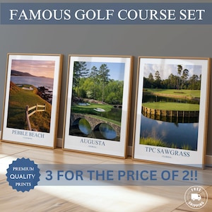 May include: Three framed prints of famous golf courses: Pebble Beach, Augusta, and TPC Sawgrass. Each print features a scenic view of the course with text labels. The prints are displayed with a wooden frame and a white border. The text "3 for the price of 2!!" is visible.
