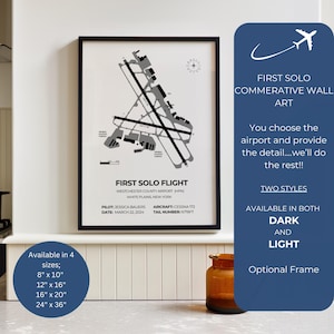 First Solo Flight Framed Print, Customizable Detailed Framed Airport Map, Pilot Gift, ANY AIRPORT, First solo gift