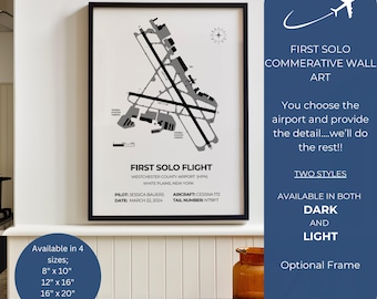 Stampa incorniciata personalizzata del primo volo da solista: mappa dell'aeroporto personalizzata, regalo per piloti