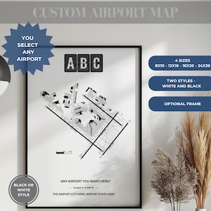 Custom Airport Map Print, ANY AIRPORT, Personalized Aviation Decor, Framed or Unframed Pilot Gift, Detailed Custom Airport Diagram