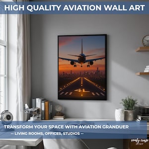 Aviation Wall Art – Night Landing Scene with City Skyline – Aviation lovers gift – Pilot Gift – Modern Airport Decor, Housewarming gift