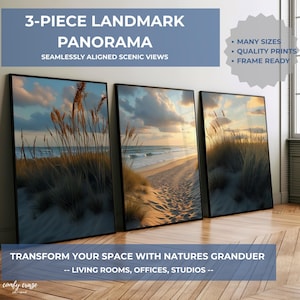 Set of 3 Beach Wall Art Prints, Coastal Dunes & Ocean Waves Triptych, Panoramic Coastal Landscape,  Beach House Decor, Nautical Wall Art