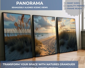 Coastal Dunes Triptych: Beach House Panoramic Wall Art Prints